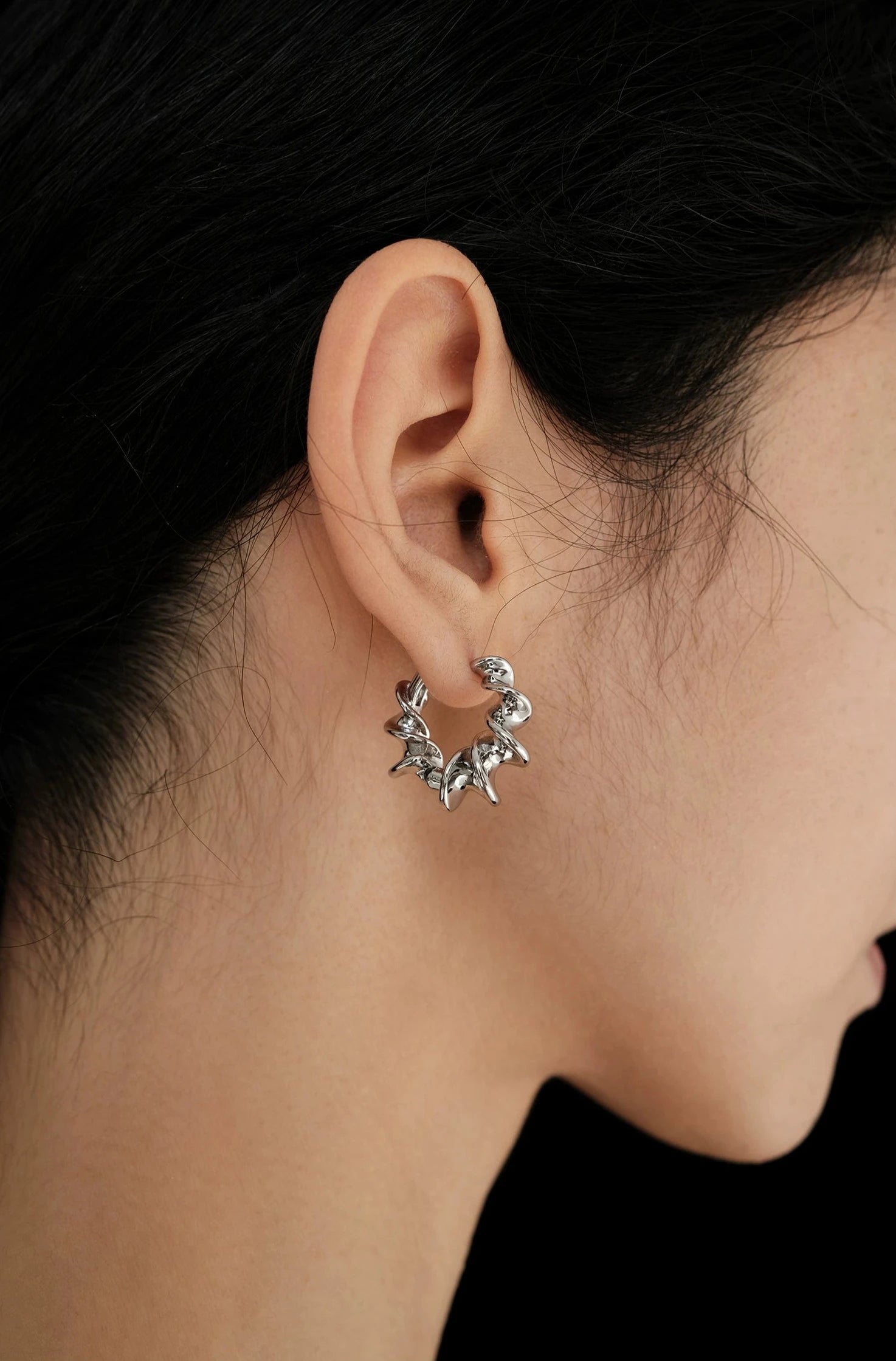 Flat Twisted Huggie Hoop Earrings Silver