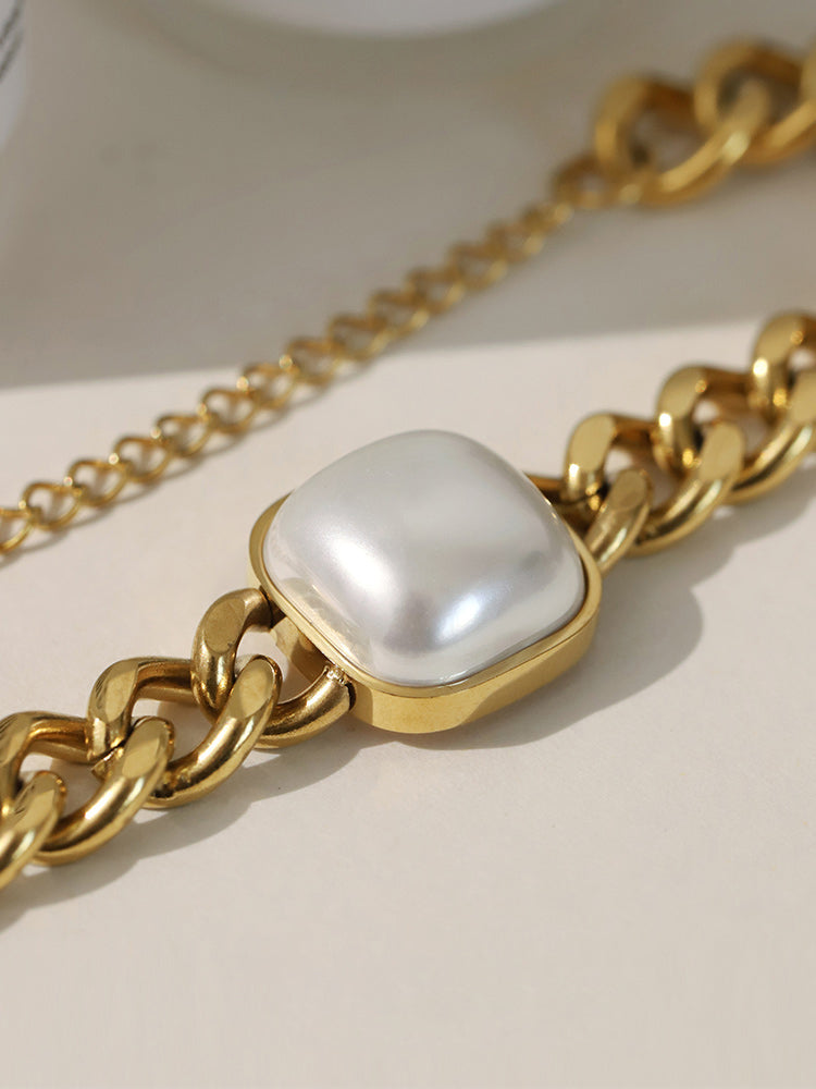 Chunky Cuban Link Chain Necklace & Bracelet with Square Pearl 18K