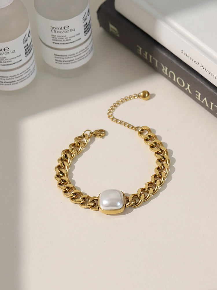 Chunky Cuban Link Chain Necklace & Bracelet with Square Pearl 18K