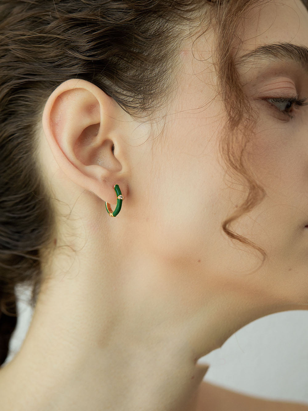 Lunette Green Enamel Huggie Hoop Earrings with Zirconia Gemstones