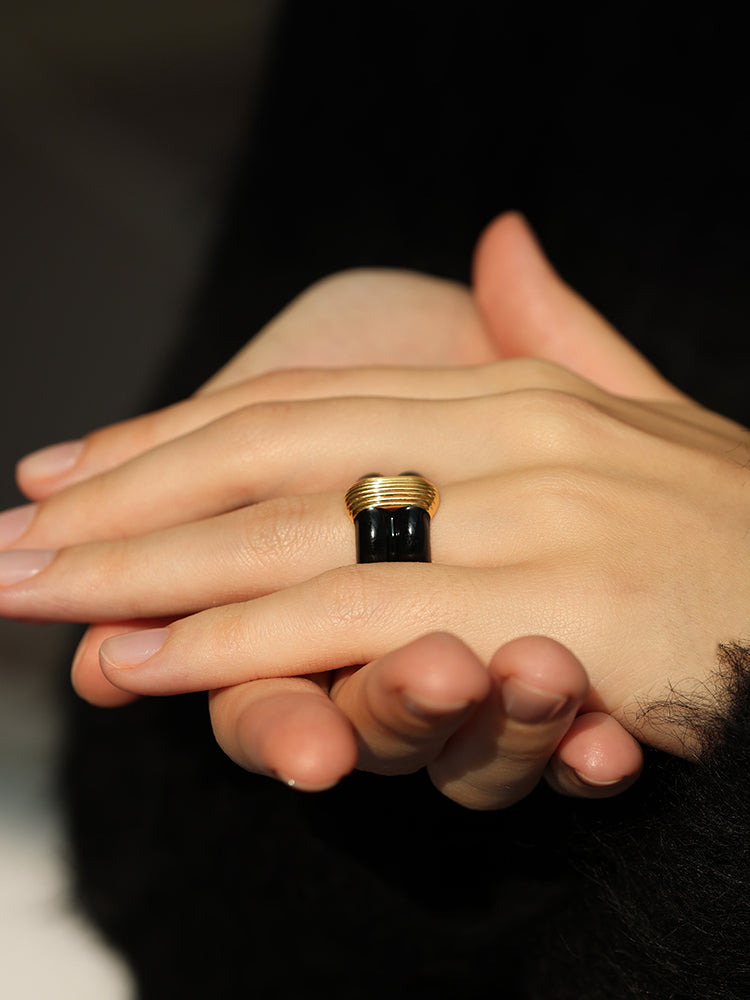 Bianca Black Enamel Gold Ribbed Ring