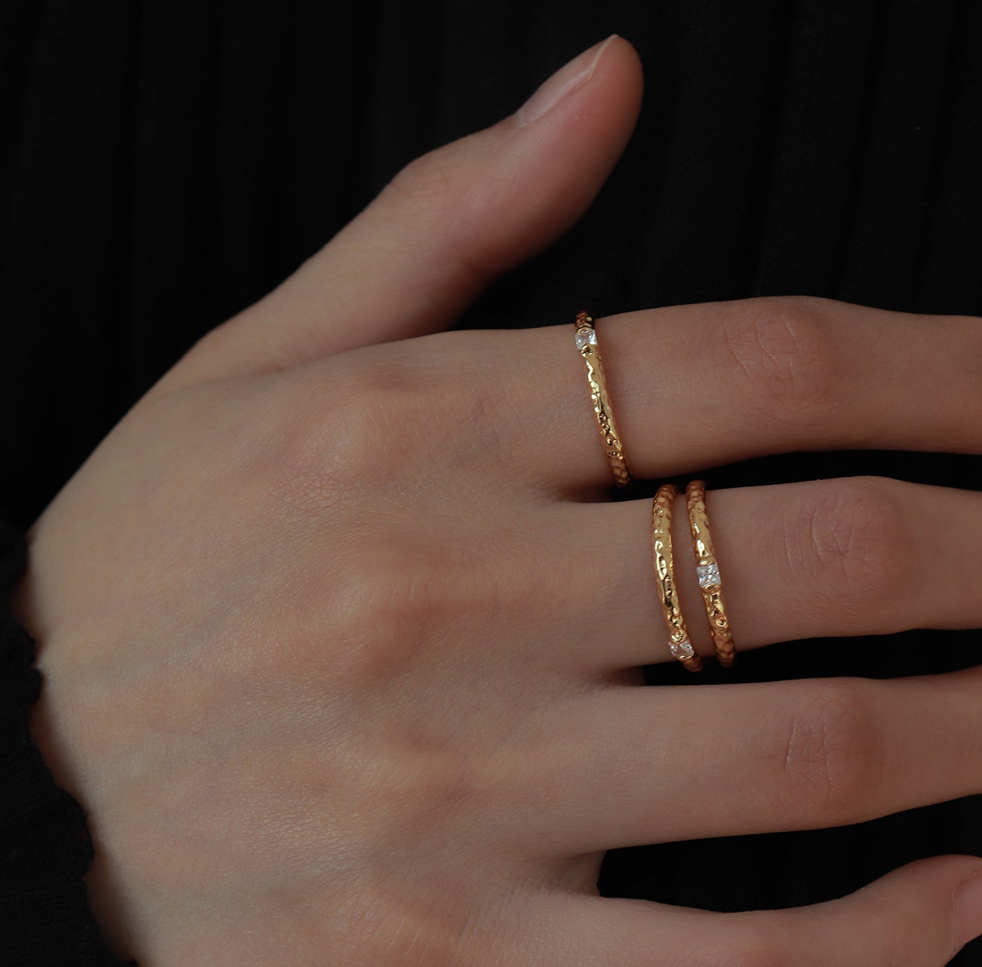 Ultra-thin Hammer CZ Ring 18K Gold Slim Band Ring