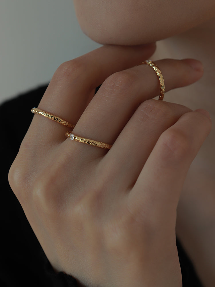 Ultra-thin Hammer CZ Ring 18K Gold Slim Band Ring