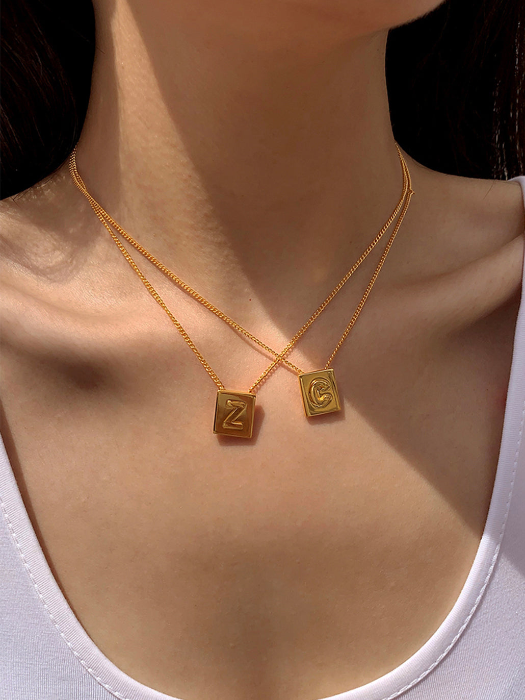 Parisian Initial Square Pendant Necklace 18K