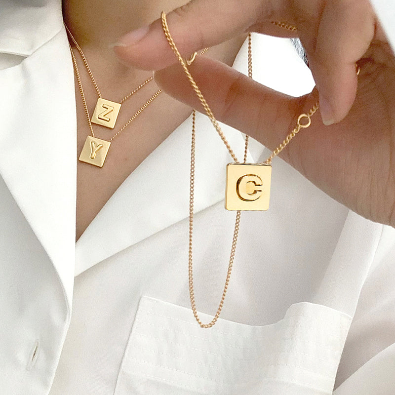 Parisian Initial Square Pendant Necklace 18K