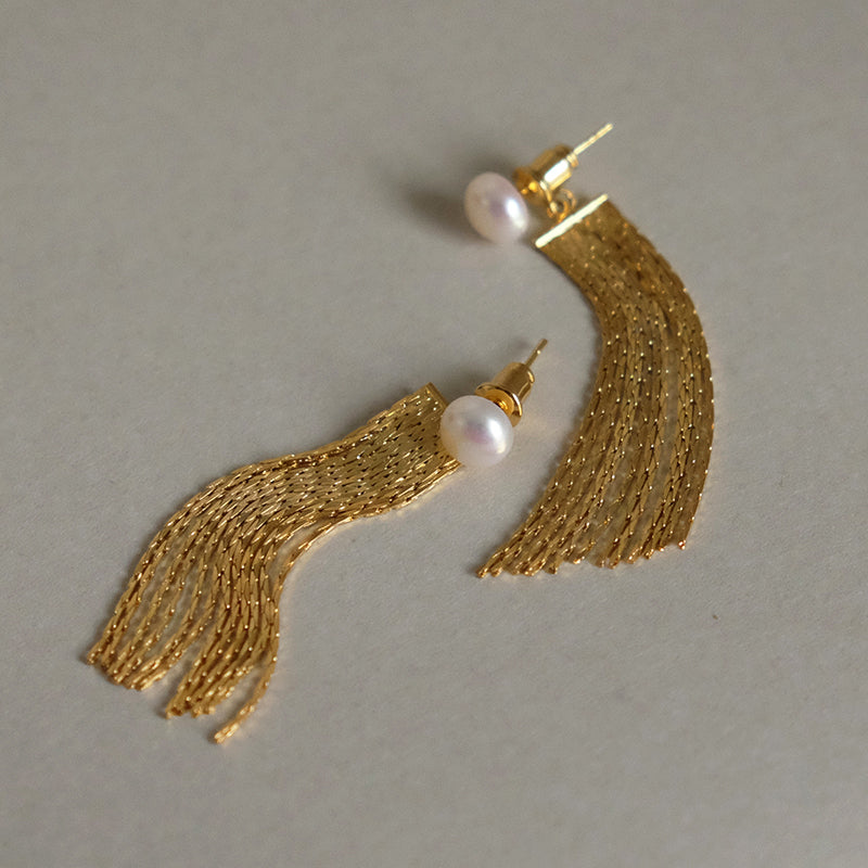 Gold Herringbone Specialty Chain Tassel Drop Earrings, Gold Long Fringe Earrings