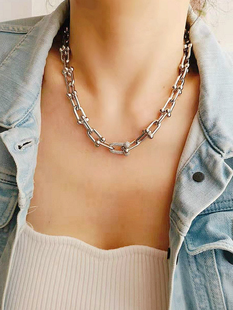 Ginevra 18K Gold U-Linked Chain Necklace with Zirconia Gems
