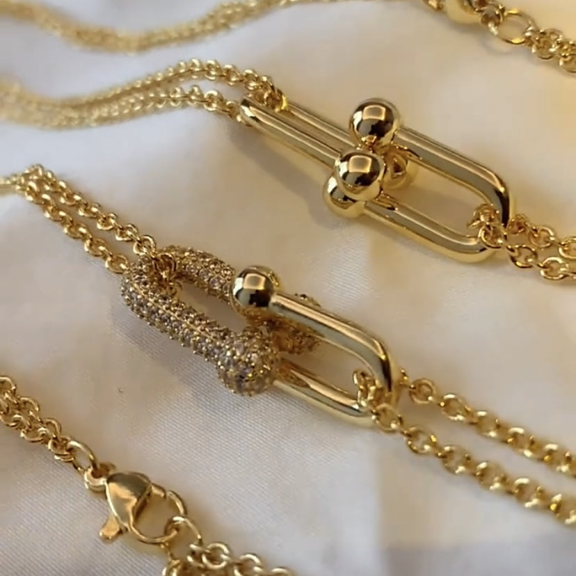 Chunky Gold Chain Necklace, Rectangle Link Chain Necklace, Horseshoe Charm Necklace