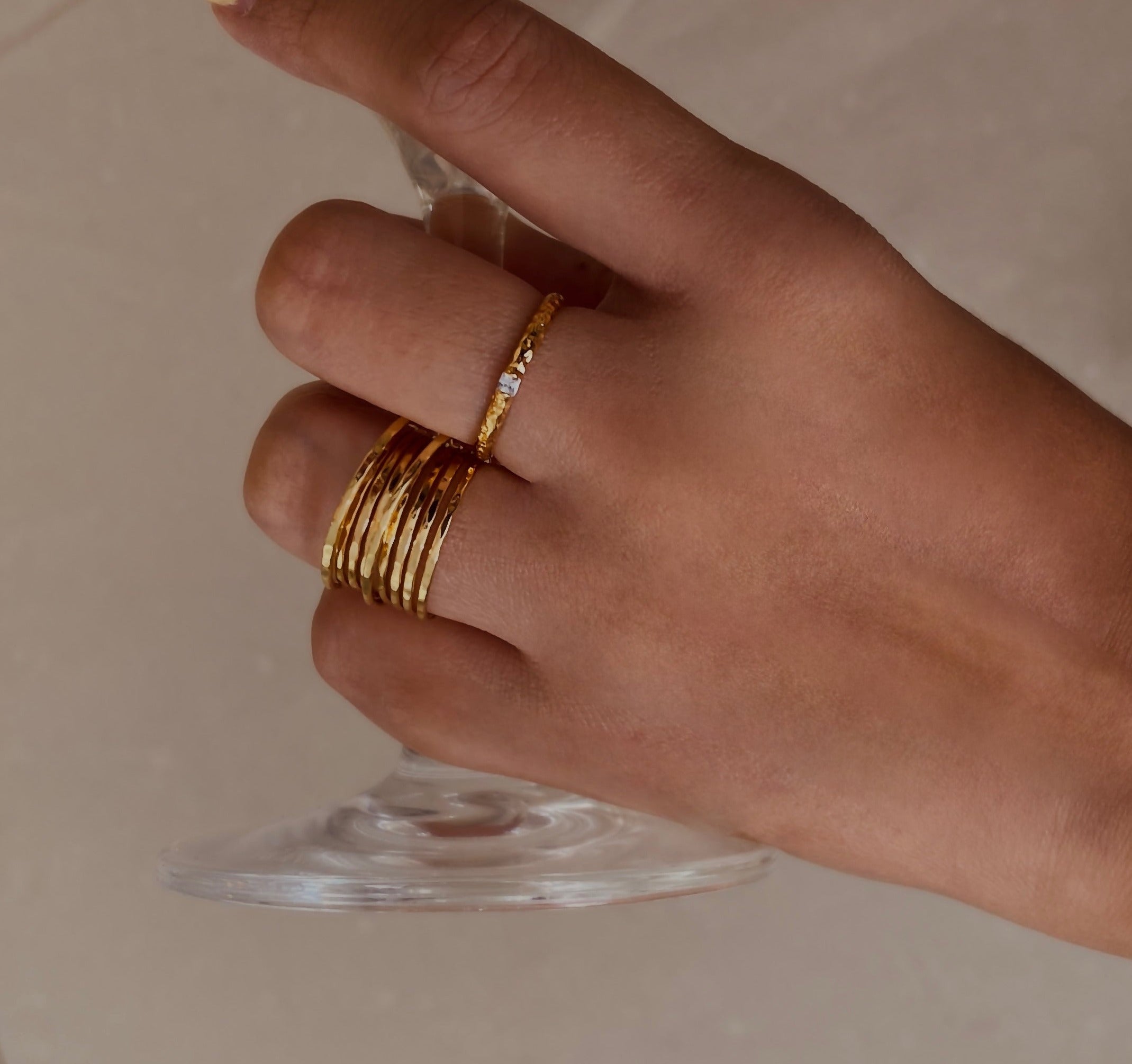 Ultra-thin Hammer CZ Ring 18K Gold Slim Band Ring