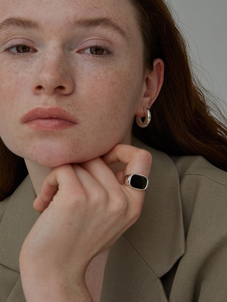 Jeanne Black Agate S925 Silver Ring - 17mm