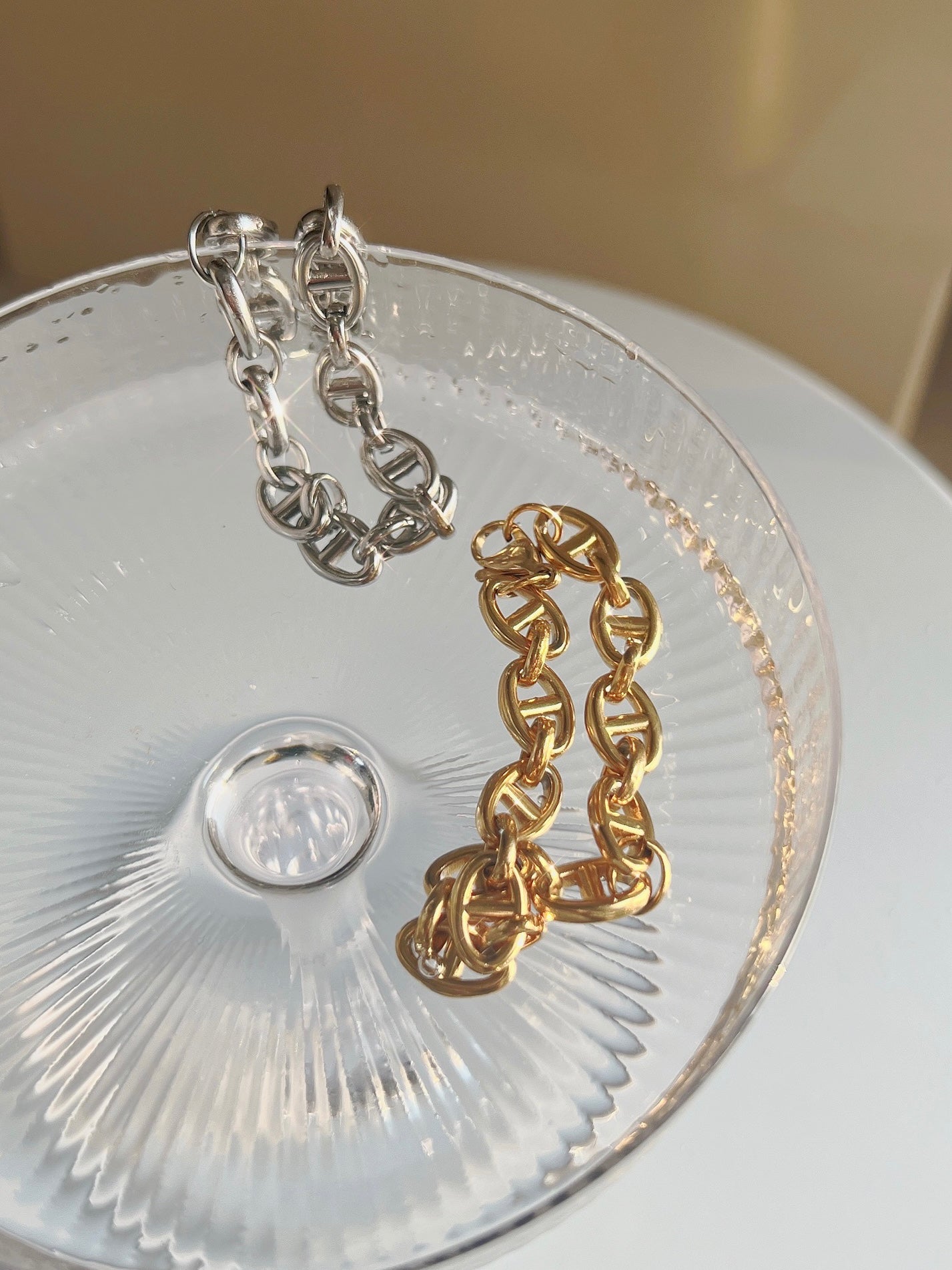 Penelope Chunky Coffee Bean Linked Chain Necklace & Bracelet 18K Gold/Silver