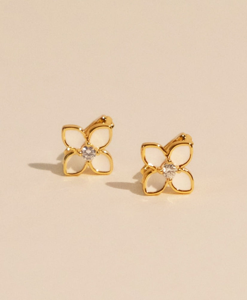 White Enamel Gold Hoops T-Wrap and Clover 18K Gold