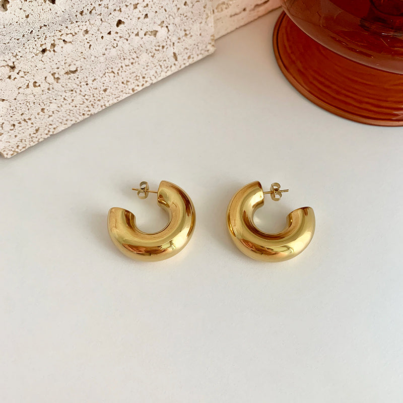 Macaroni Stud Earrings 18K Chunky Gold Silver C-Shape Earrings