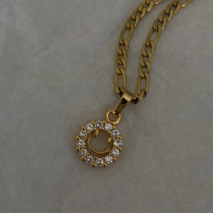 Micro Paved Smiley Pendant on Figaro/Herringbone/Rhinestone Necklace Chain