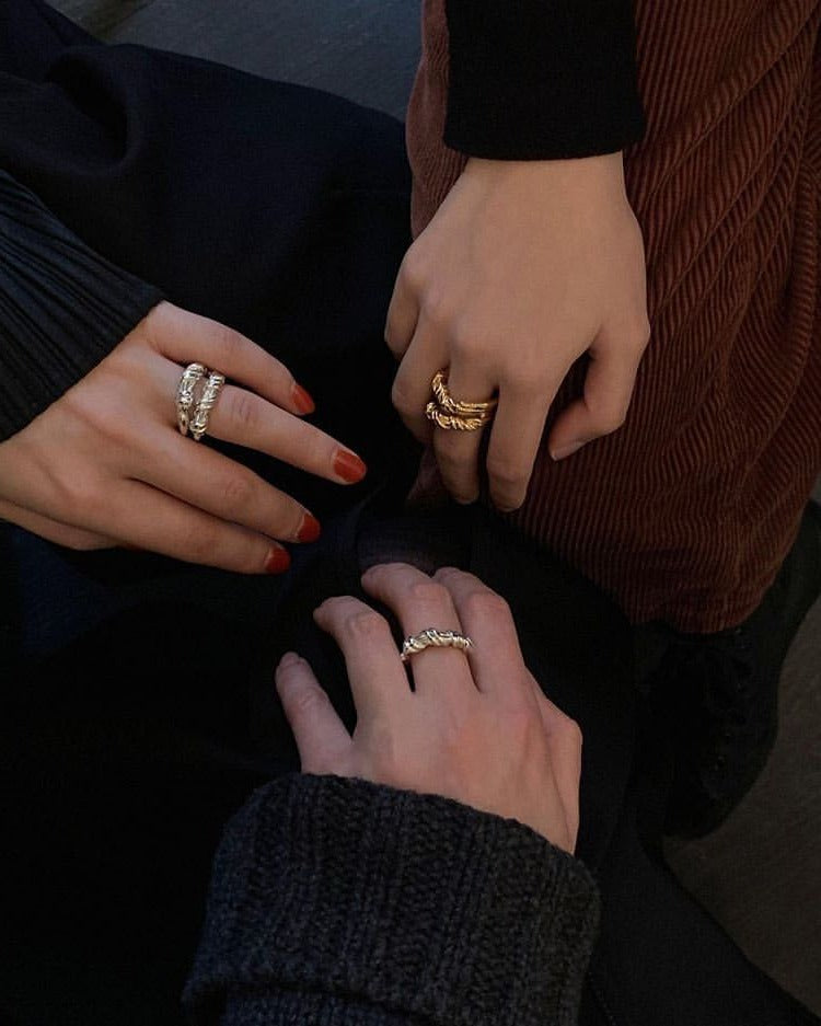 Cigar Band, Gold Ribbed Ring, Assorted Stack Ring, Rhombus Rin