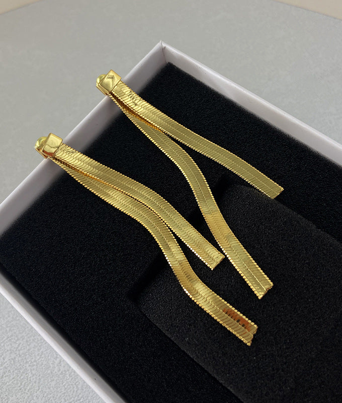 Duo Herringbone Long Tassel Ear Jacket Earrings 18K Gold
