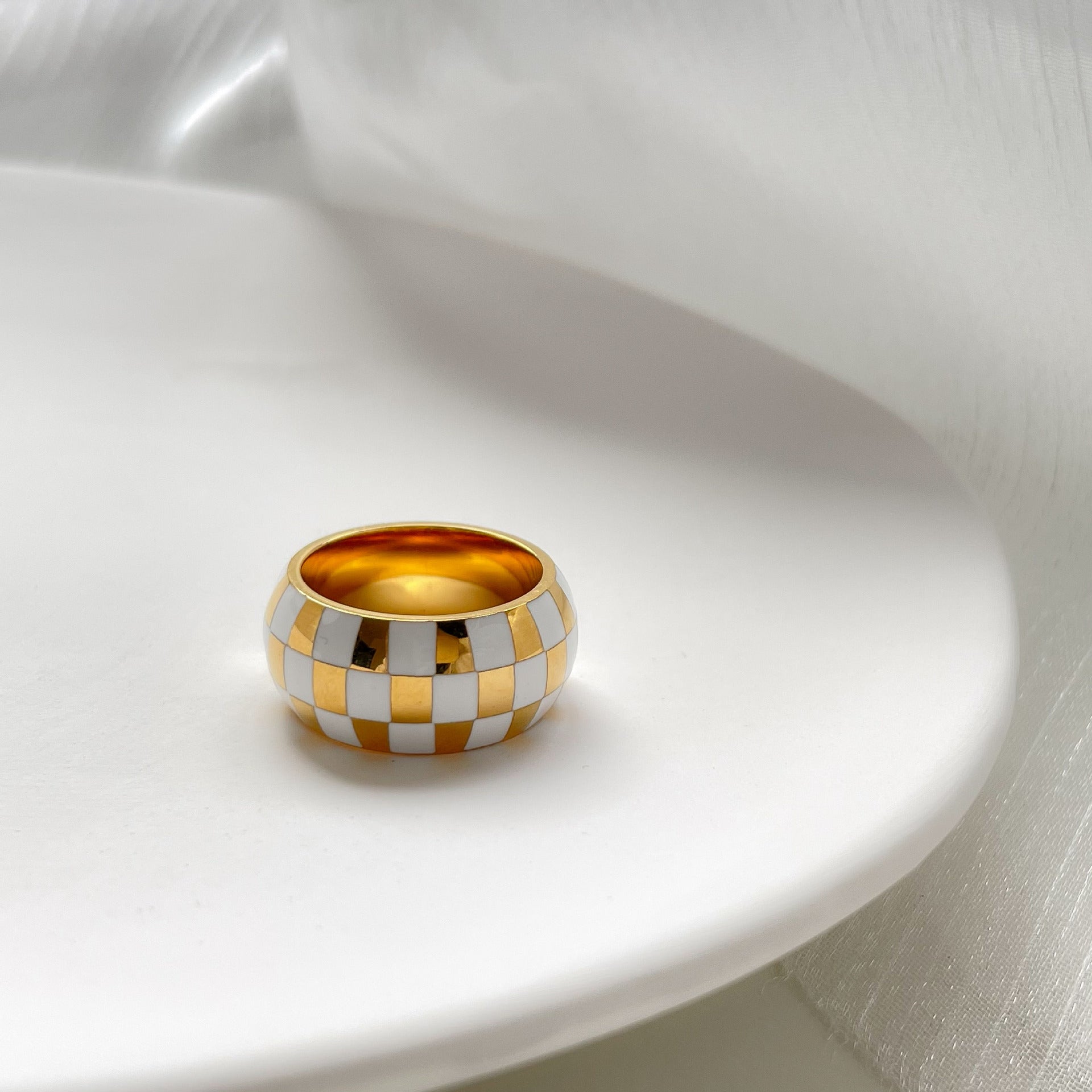 Checker Dome Ring, Slim Ring, Wide Band Ring Gold18K Titanium Steel