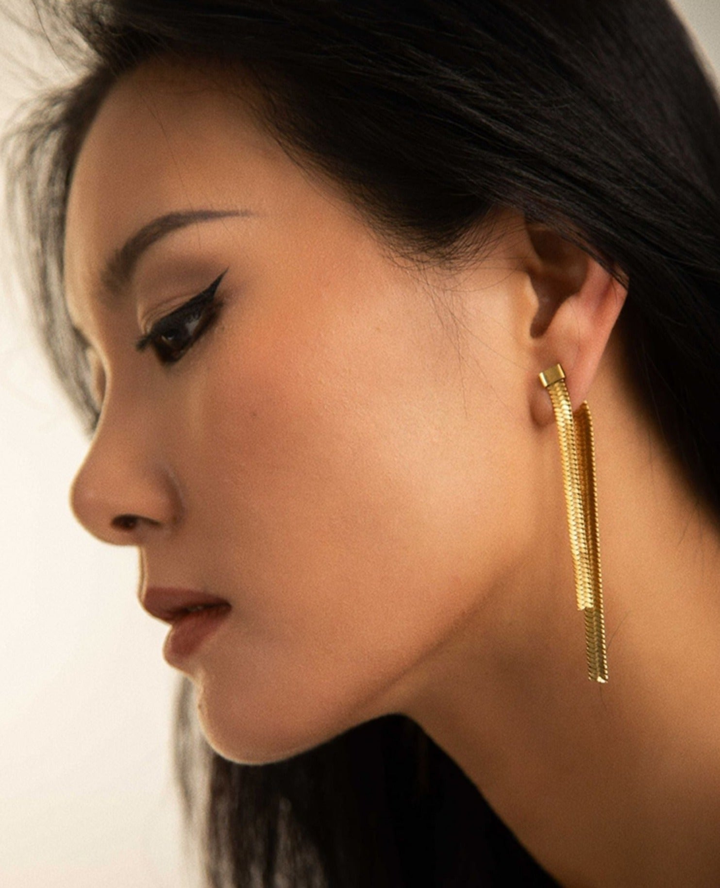 Duo Herringbone Long Tassel Ear Jacket Earrings 18K Gold