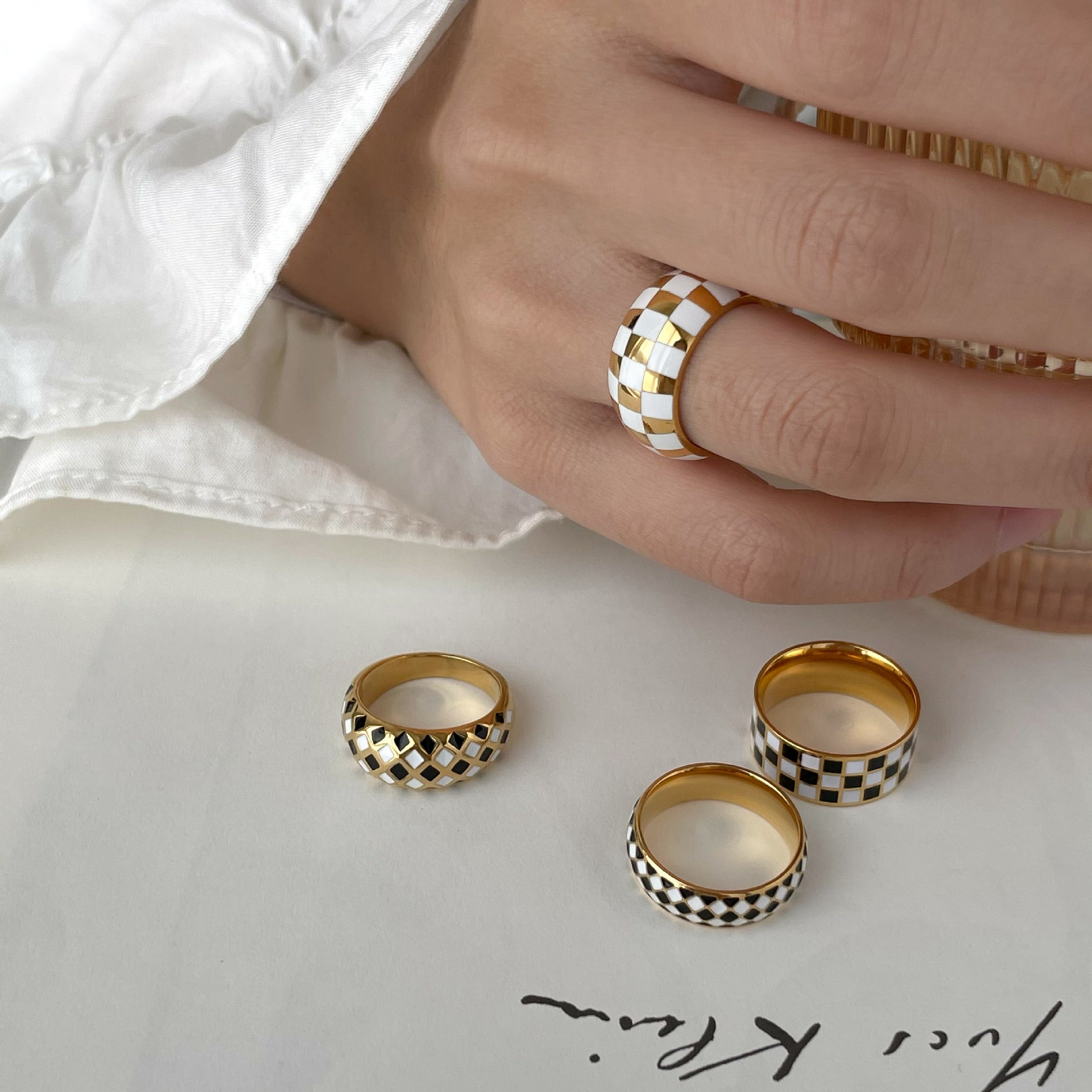 Checker Dome Ring, Slim Ring, Wide Band Ring Gold18K Titanium Steel