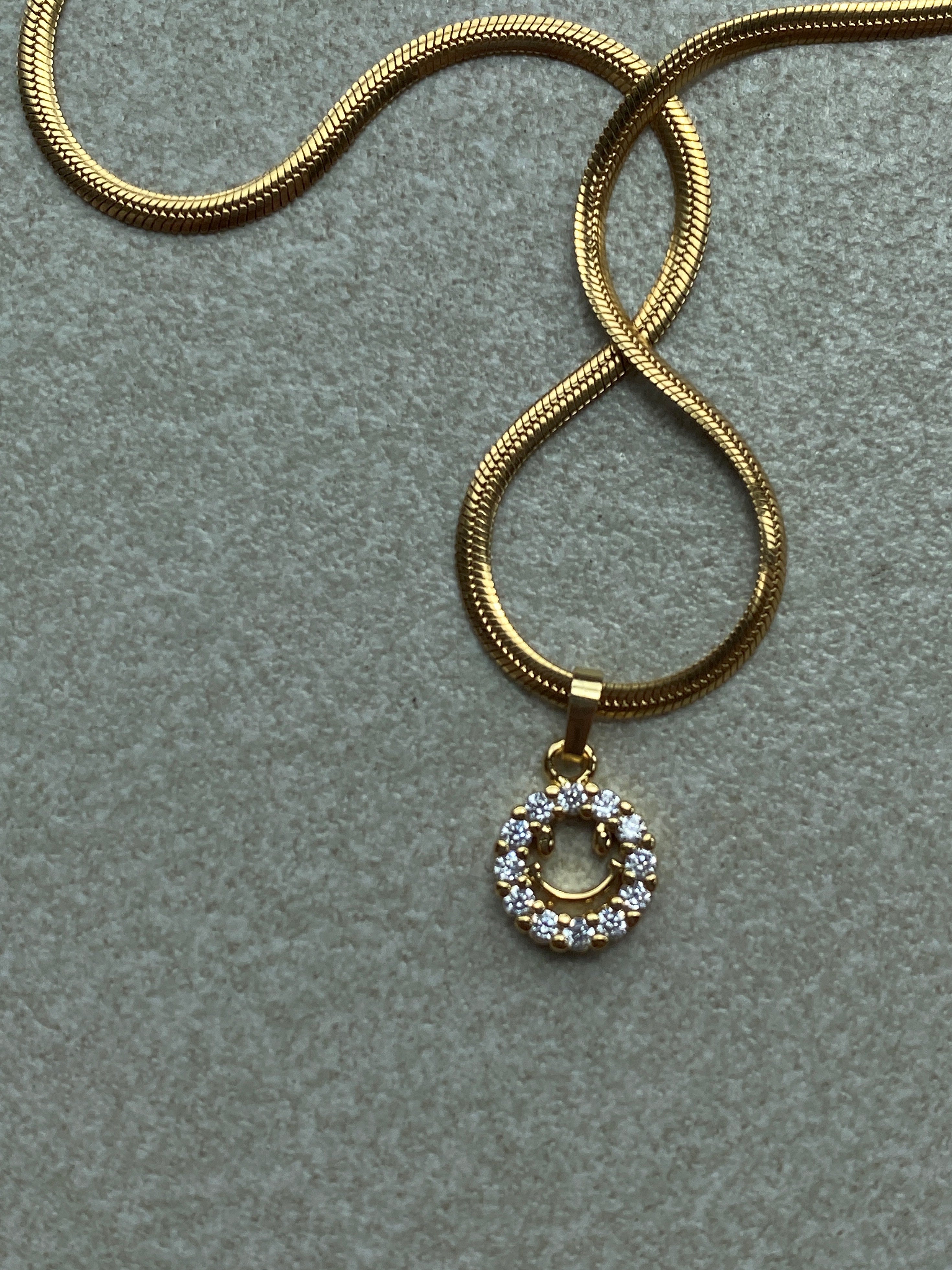 Micro Paved Smiley Pendant on Figaro/Herringbone/Rhinestone Necklace Chain