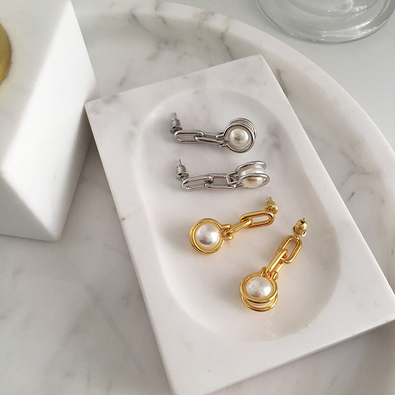 Eden Pearl Linked Chain Dangle Earrings 18K Gold Silver
