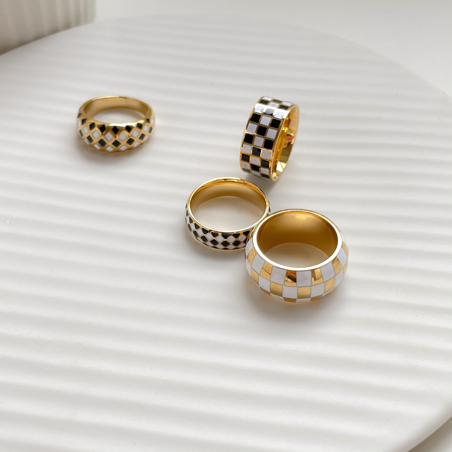 Checker Dome Ring, Slim Ring, Wide Band Ring Gold18K Titanium Steel