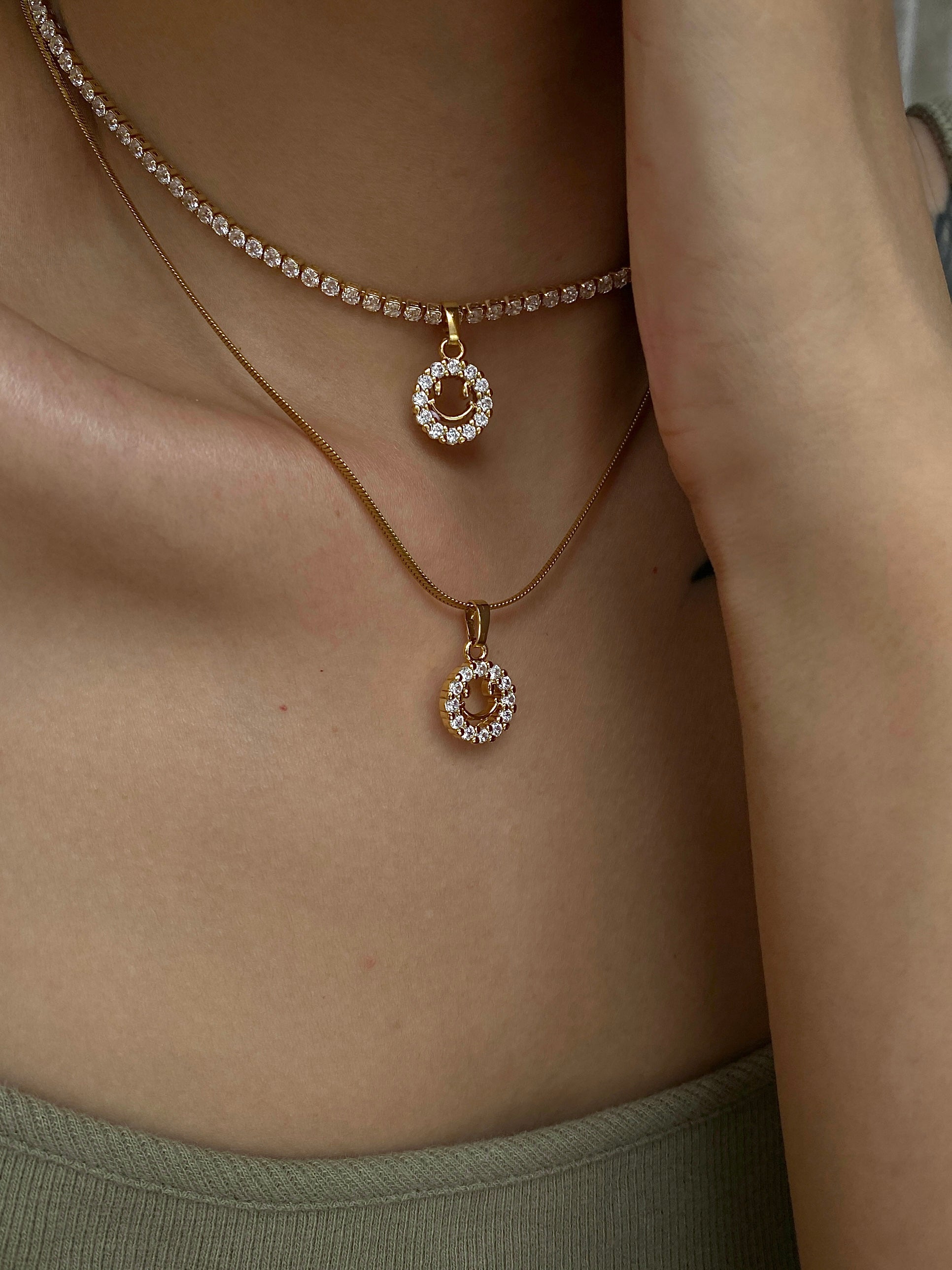 Micro Paved Smiley Pendant on Figaro/Herringbone/Rhinestone Necklace Chain