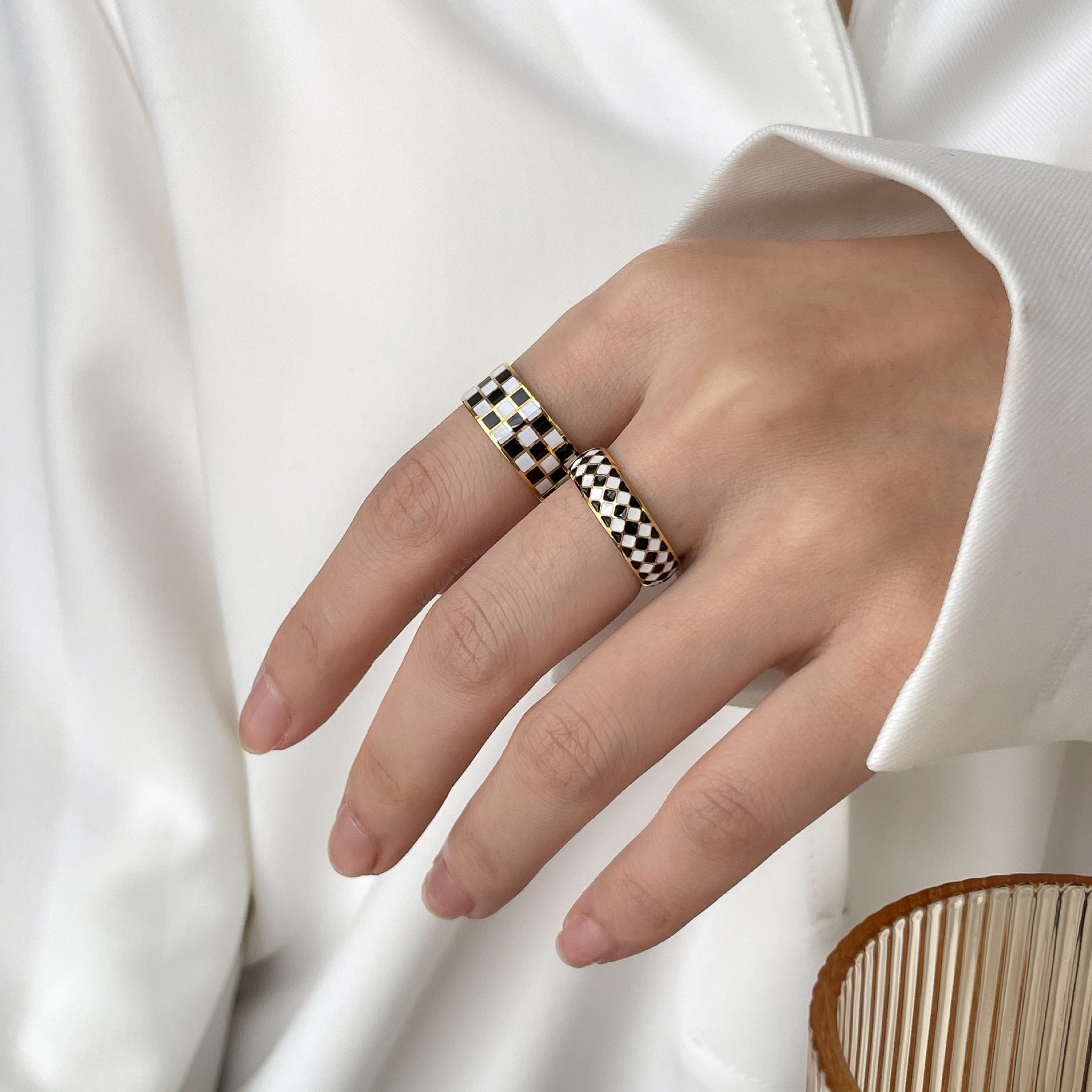 Checker Dome Ring, Slim Ring, Wide Band Ring Gold18K Titanium Steel