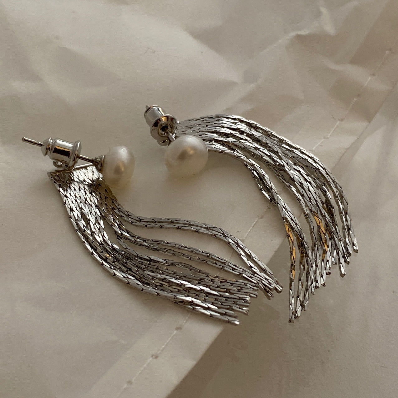 Gold Herringbone Specialty Chain Tassel Drop Earrings, Gold Long Fringe Earrings