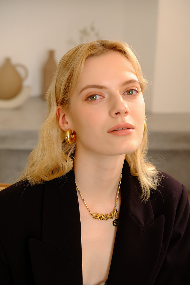 Macaroni Stud Earrings 18K Chunky Gold Silver C-Shape Earrings