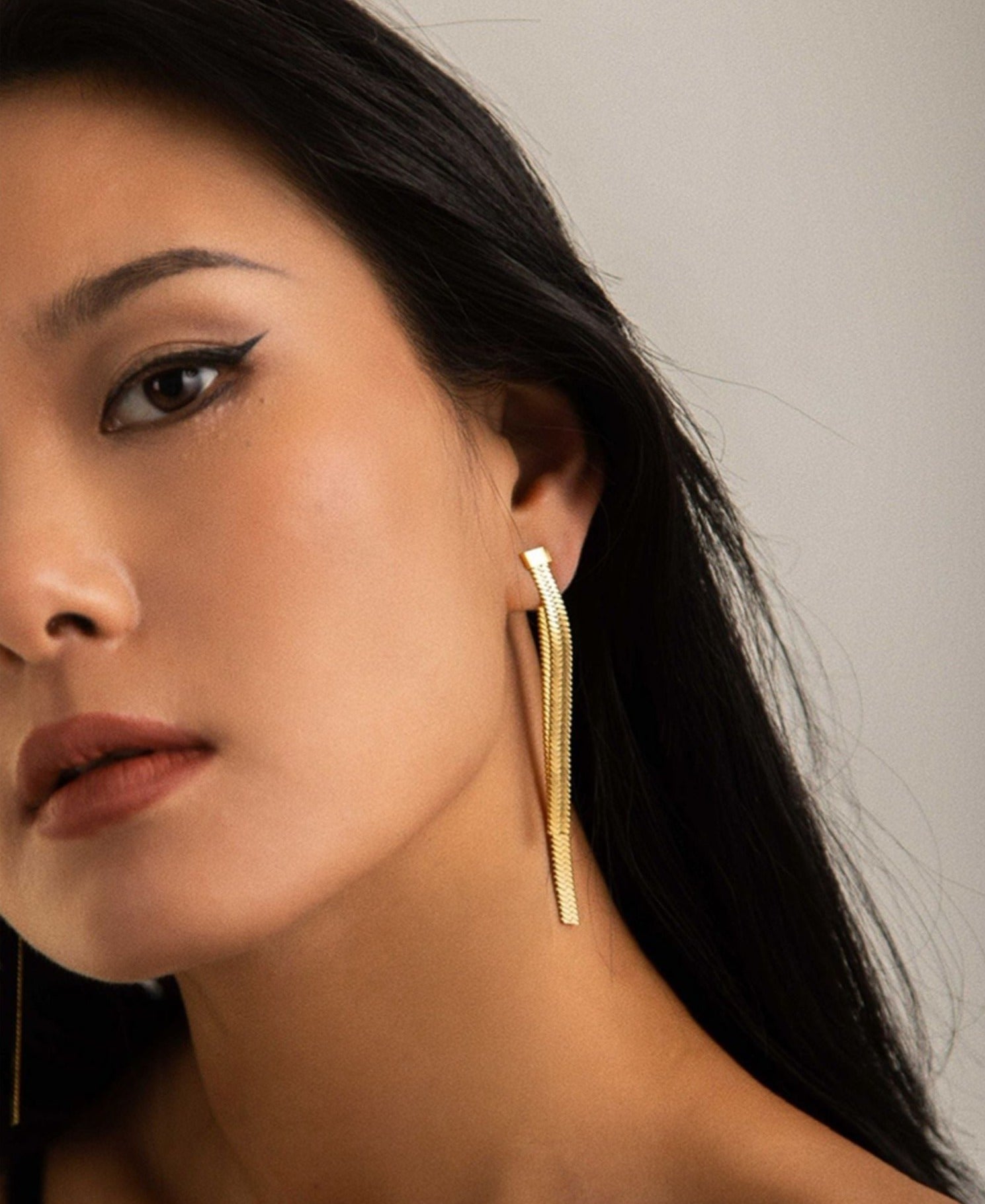 Duo Herringbone Long Tassel Ear Jacket Earrings 18K Gold