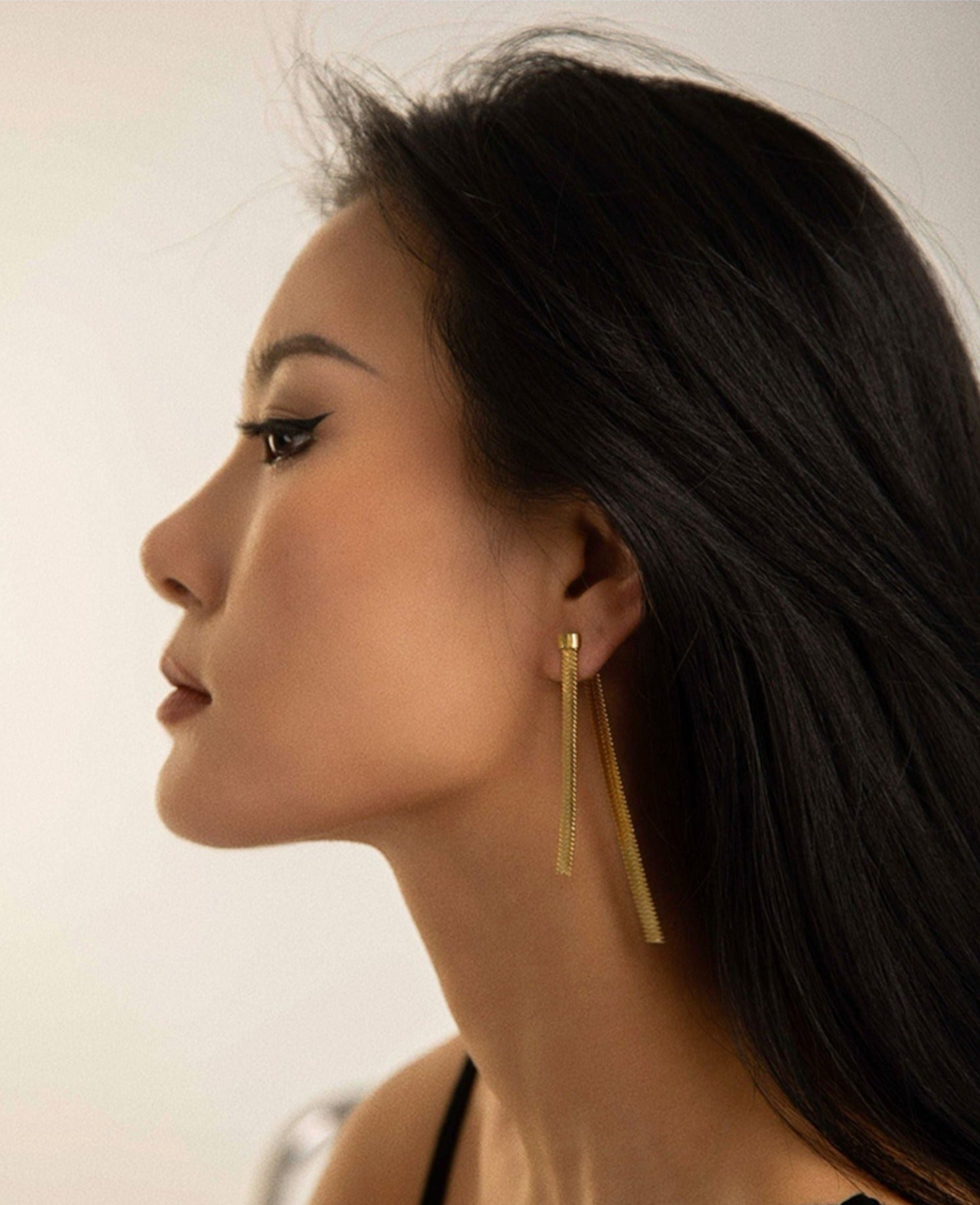 Duo Herringbone Long Tassel Ear Jacket Earrings 18K Gold
