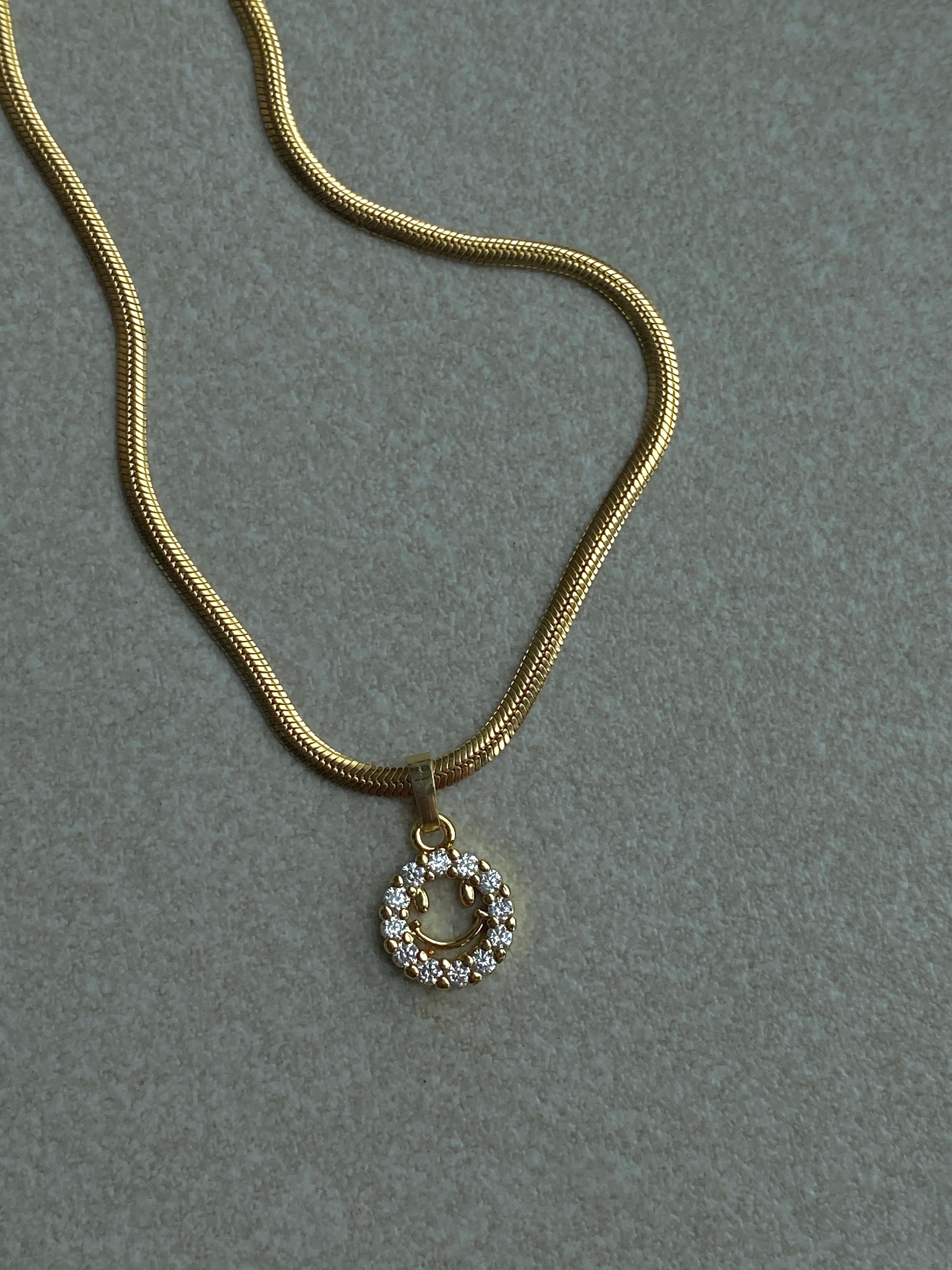 Micro Paved Smiley Pendant on Figaro/Herringbone/Rhinestone Necklace Chain