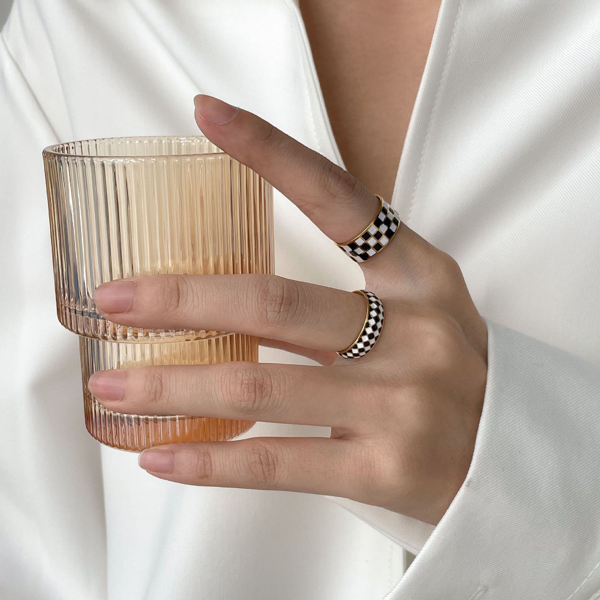 Checker Dome Ring, Slim Ring, Wide Band Ring Gold18K Titanium Steel