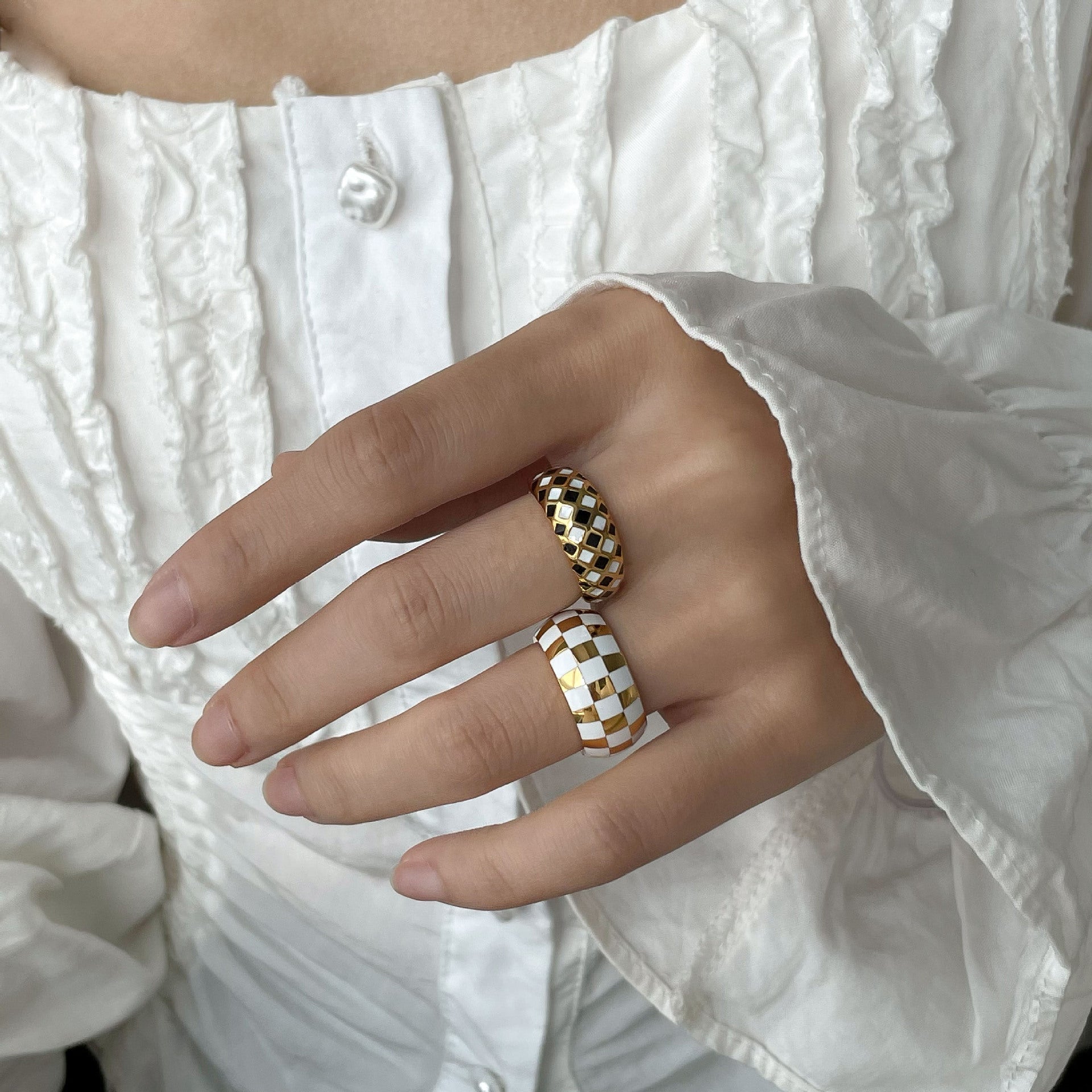 Checker Dome Ring, Slim Ring, Wide Band Ring Gold18K Titanium Steel