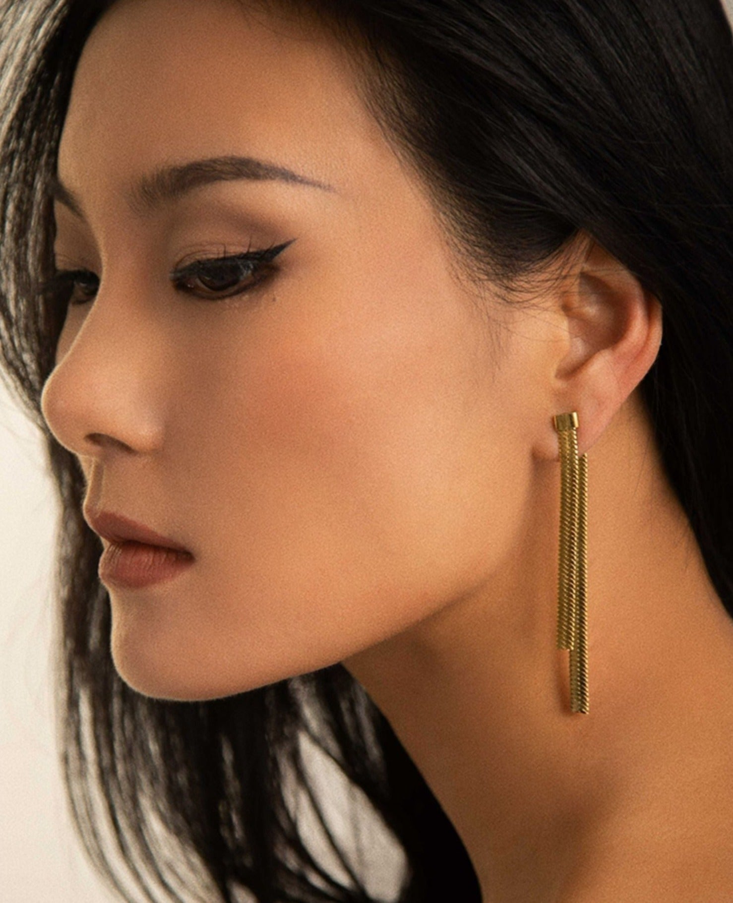 Duo Herringbone Long Tassel Ear Jacket Earrings 18K Gold