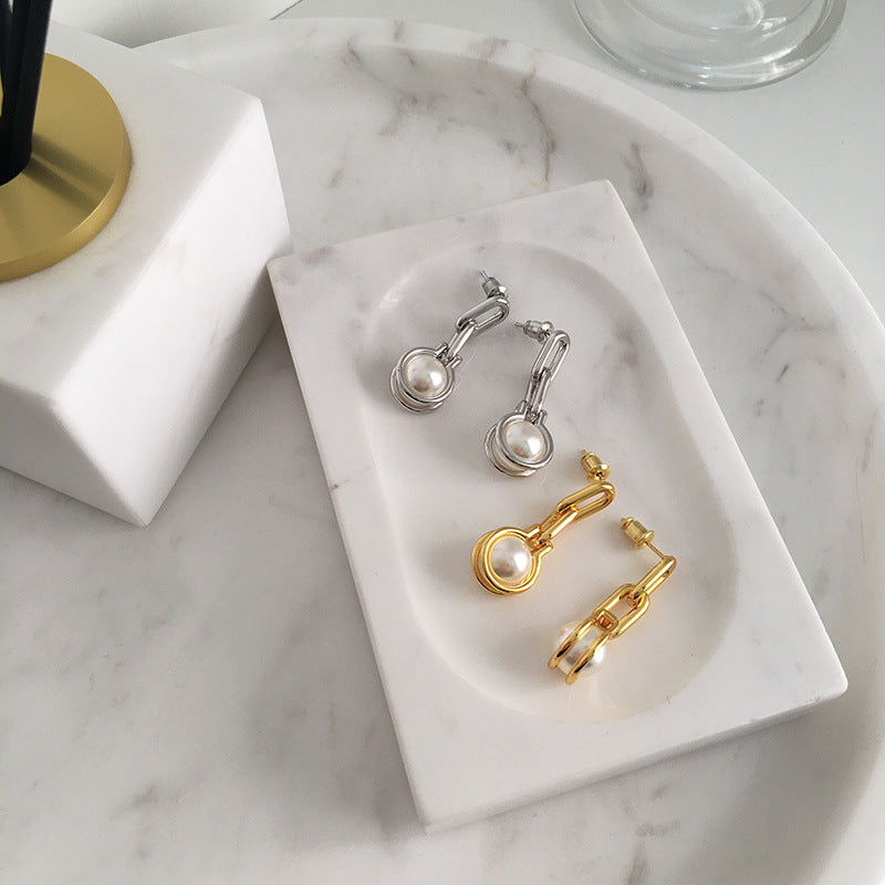 Eden Pearl Linked Chain Dangle Earrings 18K Gold Silver