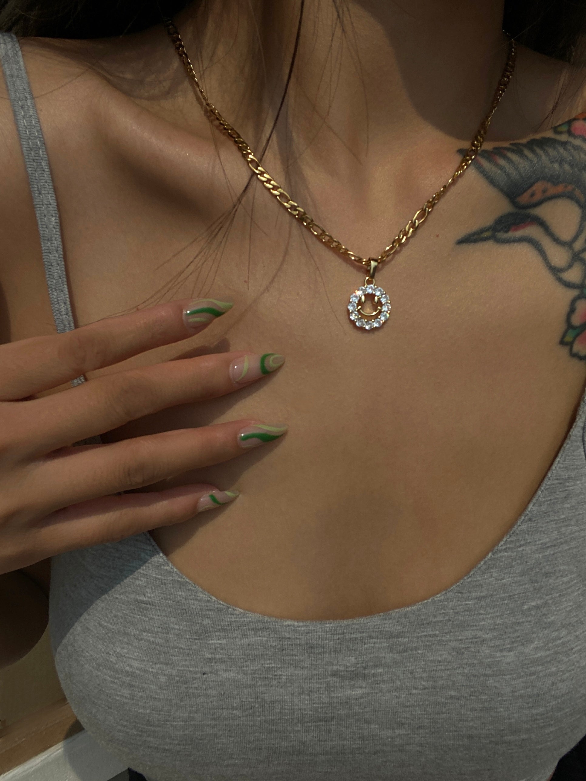 Micro Paved Smiley Pendant on Figaro/Herringbone/Rhinestone Necklace Chain