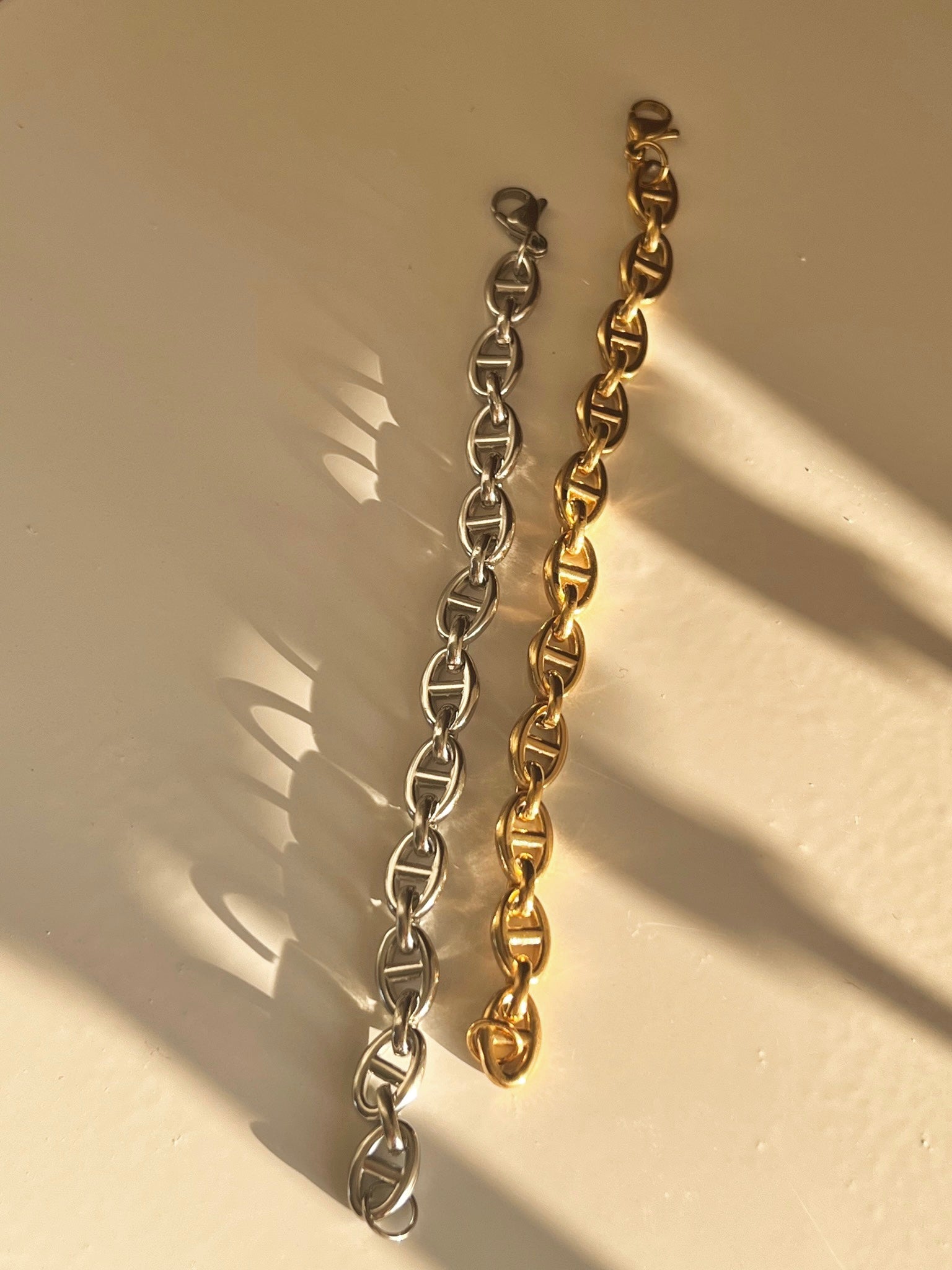 Penelope Chunky Coffee Bean Linked Chain Necklace & Bracelet 18K Gold/Silver