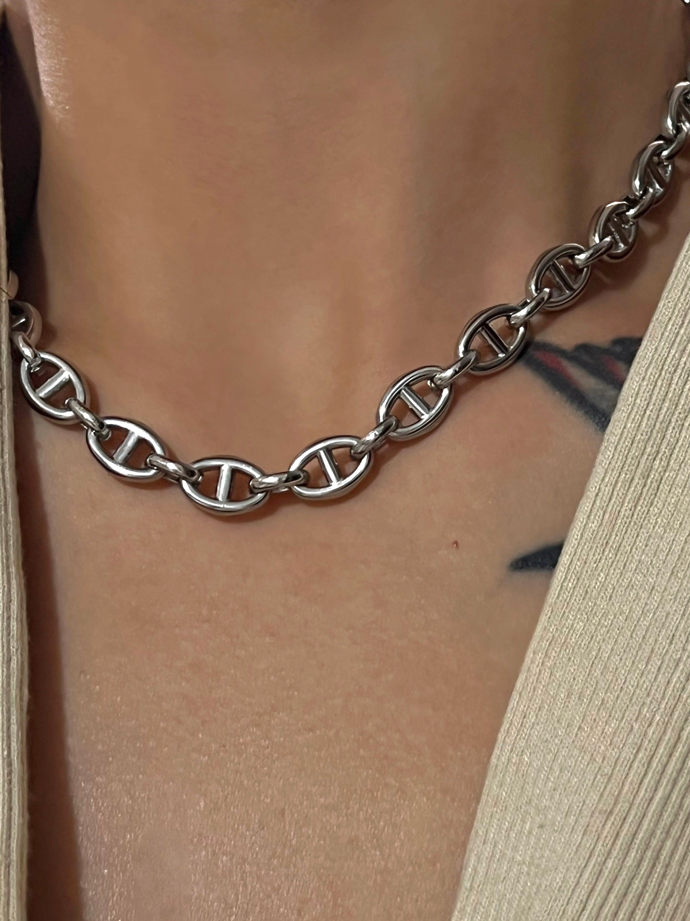 Penelope Chunky Coffee Bean Linked Chain Necklace & Bracelet 18K Gold/Silver