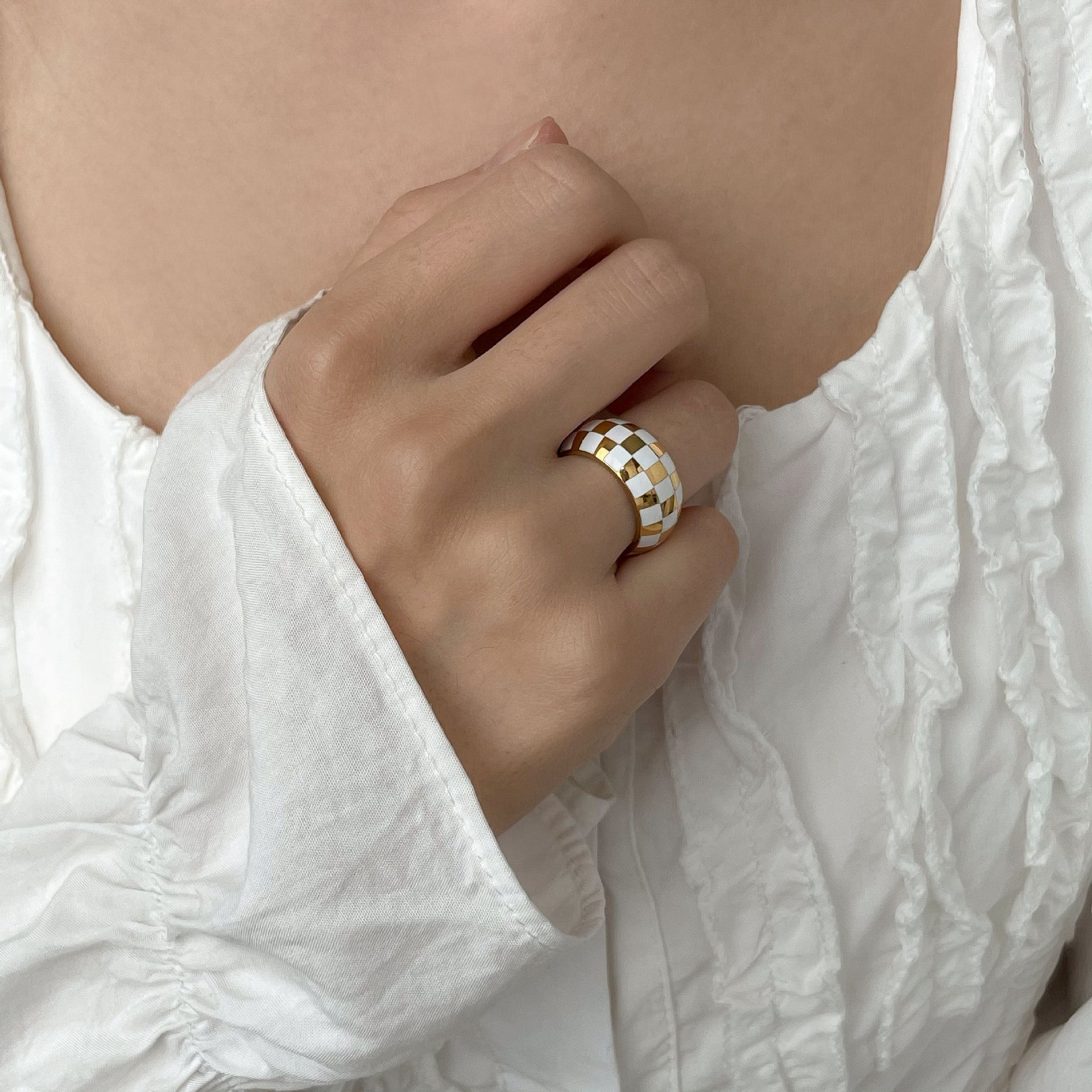 Checker Dome Ring, Slim Ring, Wide Band Ring Gold18K Titanium Steel