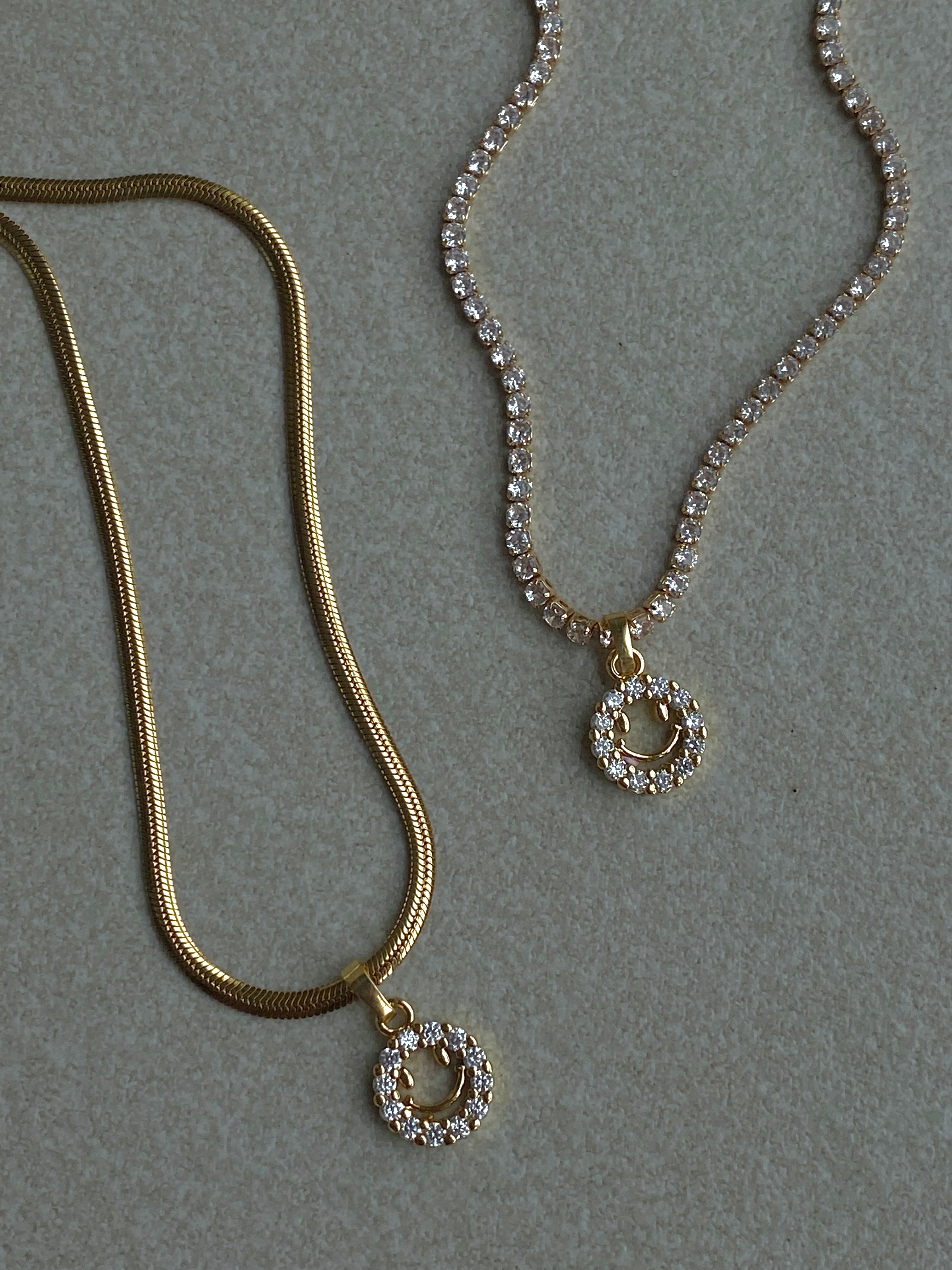 Micro Paved Smiley Pendant on Figaro/Herringbone/Rhinestone Necklace Chain