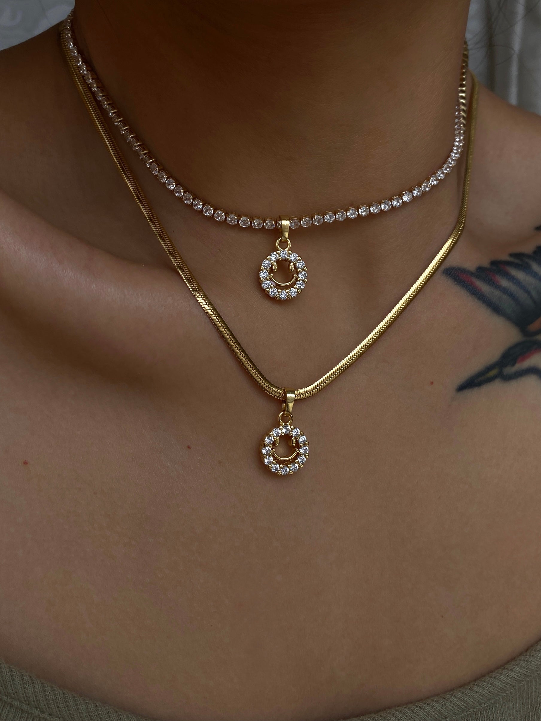 Micro Paved Smiley Pendant on Figaro/Herringbone/Rhinestone Necklace Chain