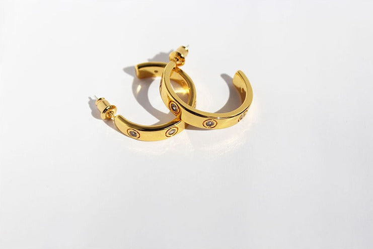 Lisette Diamond Studded C-Shape Earrings 18K Gold/Silver
