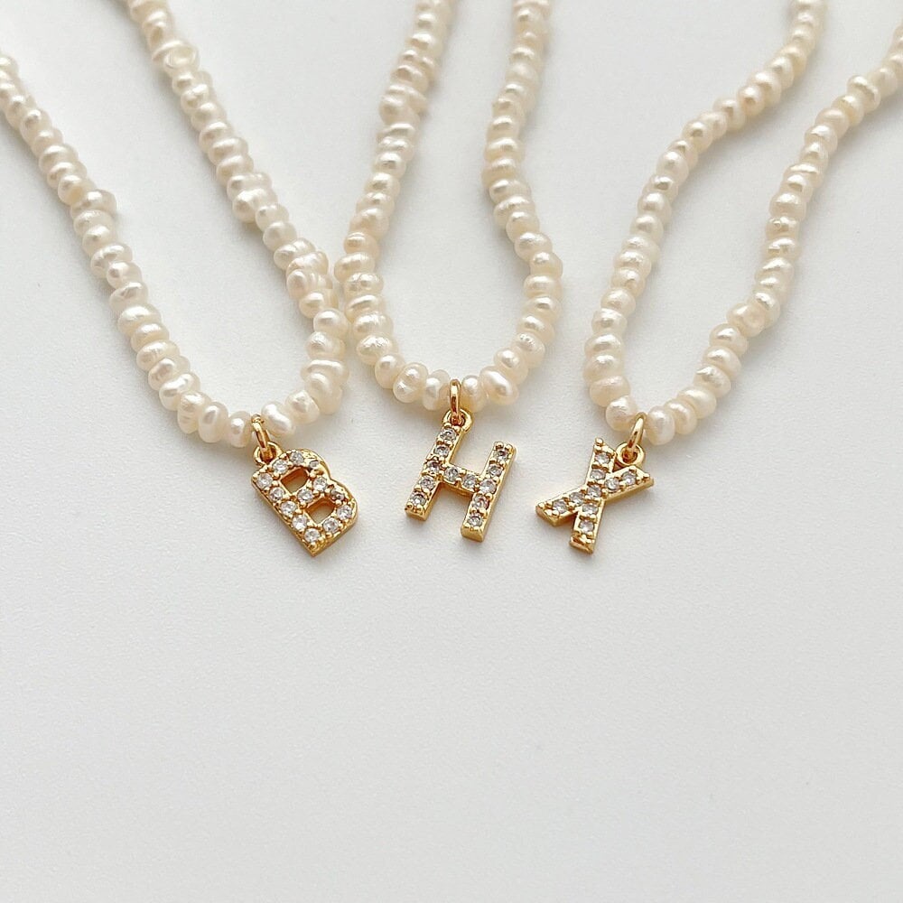 Crystal Pearl Charm Initial Necklace, Personalized White Pearl Necklace, Letter Choker