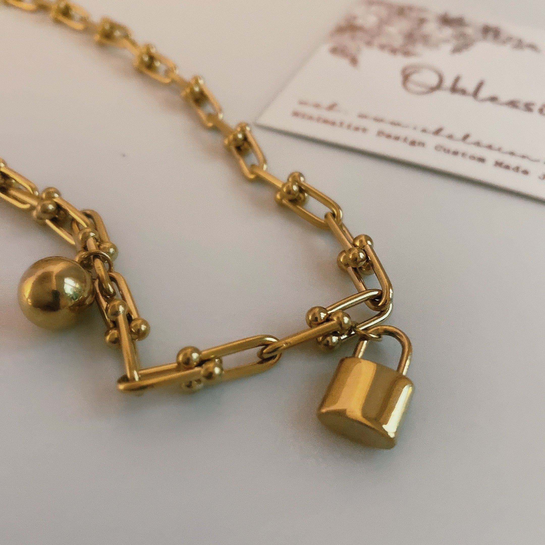 Padlock Ball Necklace Bracelet 18K Gold U-Link Chain l Horseshoe