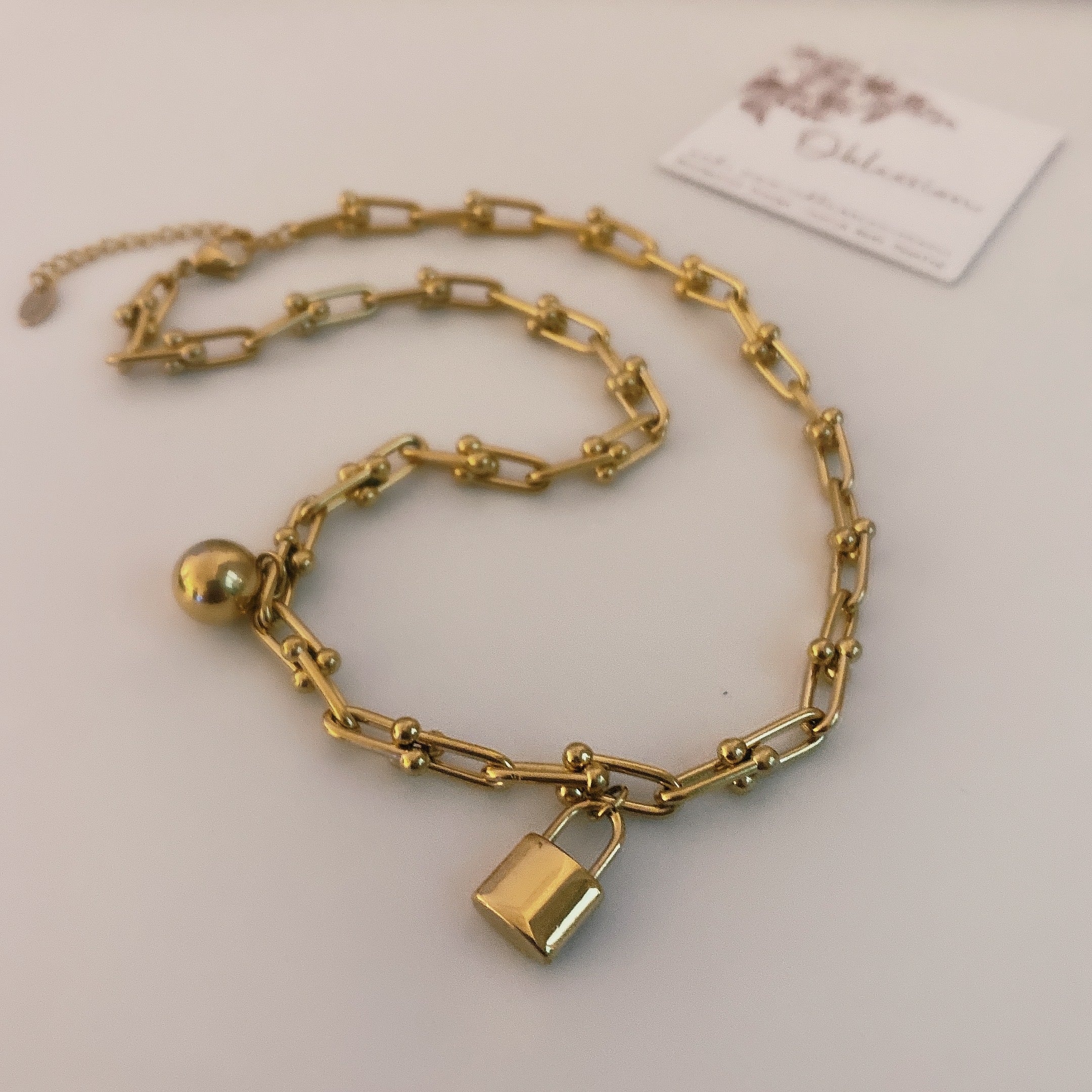 Padlock & Ball Necklace Bracelet 18K Gold U-Link Chain l Horseshoe Charm Necklace Choker Bracelet with Lock and Sphere
